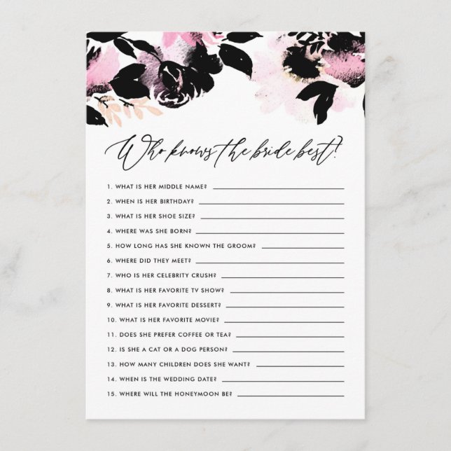 Black Pink Floral Who Knows the Bride Best Game Enclosure Card (Front)