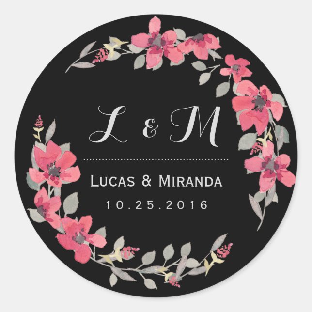 Black Pink Floral Wreath Wedding Favour Sticker (Front)