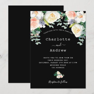 Black pink florals eacalyptus wedding invitation