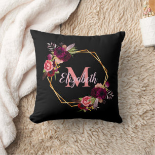 Black pink florals gold geometric monogram name cushion