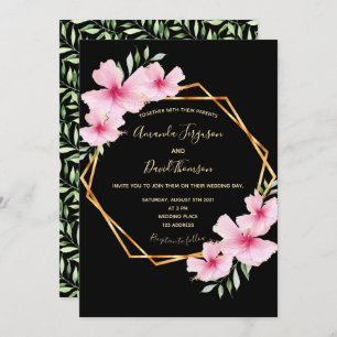 Black pink florals gold geometric wedding invitation