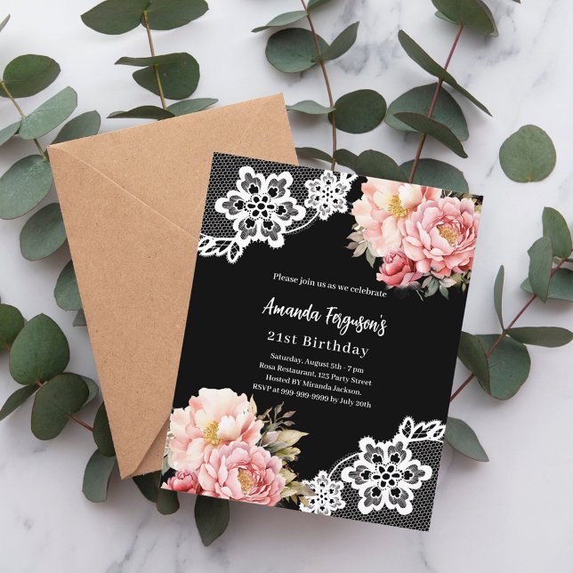 Black pink florals lace birthday invitation (Creator Uploaded)