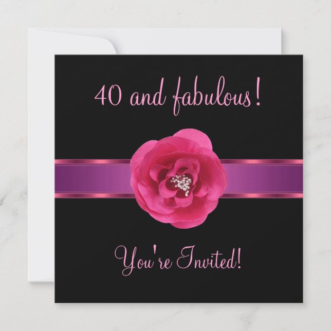 Black Pink Flower Fabulous 40th Birthday Invitation (Front)