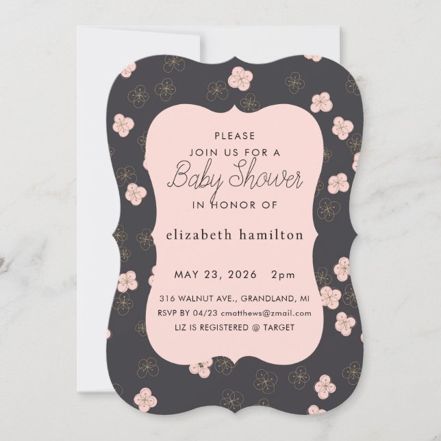 Black & Pink Flowers Baby Shower Invitation (Front)