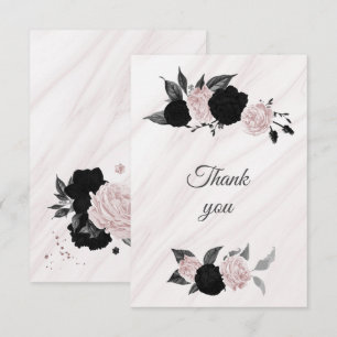 black & pink flowers botanical marble thank you card