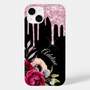 Black pink flowers glitter drips name Case-Mate iPhone 14 case