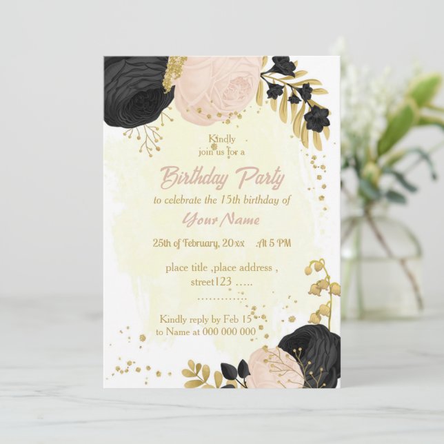 black & pink flowers gold botanical birthday party invitation (Standing Front)