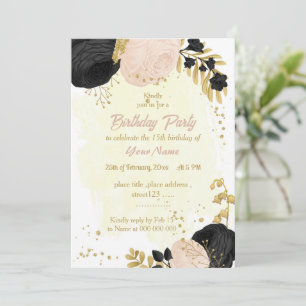 black & pink flowers gold botanical birthday party invitation