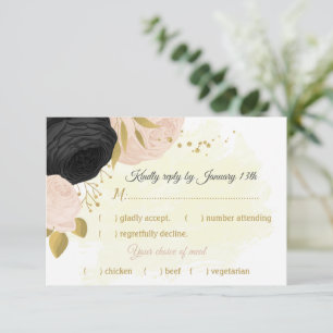 black pink flowers gold botanical meal choice RSVP card