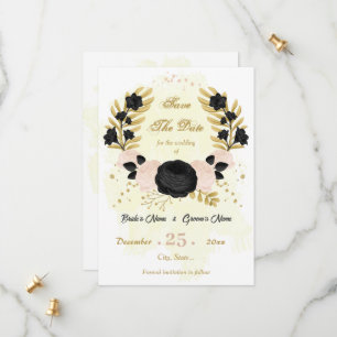 black & pink flowers gold botanical save the date