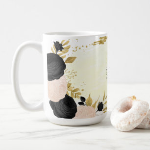 black pink flowers gold botanical wedding coffee mug