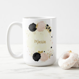 black  pink flowers gold botanical wedding coffee mug