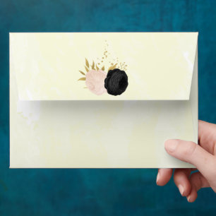 black & pink flowers gold botanical wedding envelope