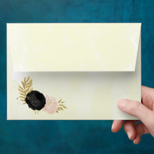 black & pink flowers gold botanical wedding envelope