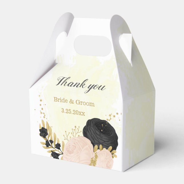 black  pink flowers gold botanical wedding favour box (Front Side)