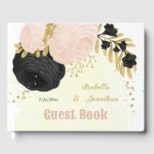 black & pink flowers gold botanical wedding guest book