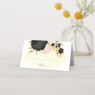 black & pink flowers gold botanical wedding place card