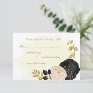 black  pink flowers gold botanical wedding RSVP ca Card