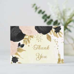 black & pink flowers gold botanical wedding thank you card