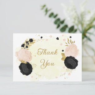 black & pink flowers gold botanical wedding thank you card