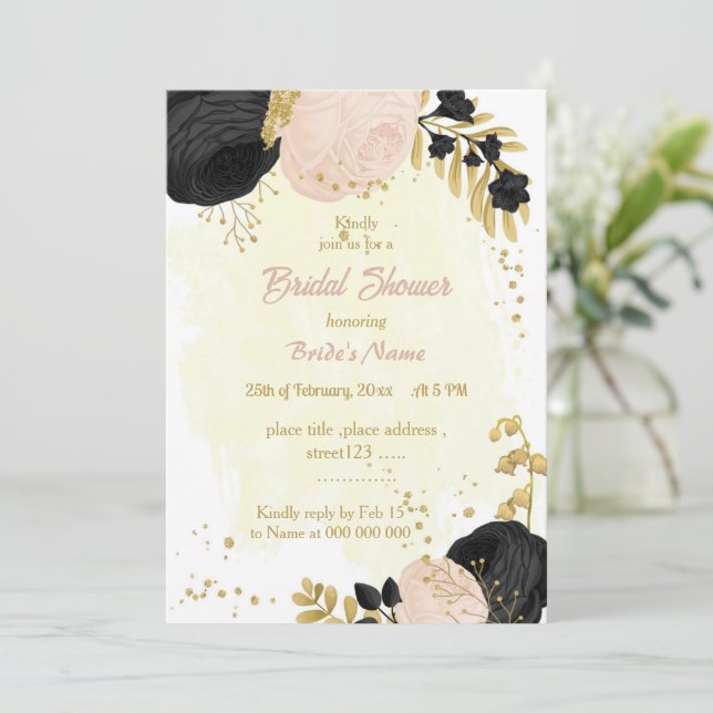 black & pink flowers gold bridal shower invitation (Standing Front)