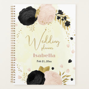 black & pink flowers gold planner