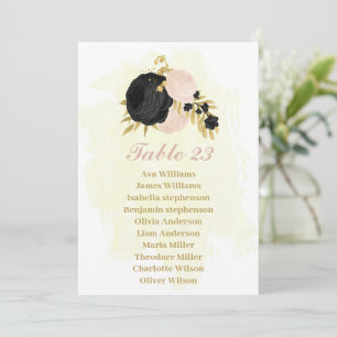 black & pink flowers gold seating chart card