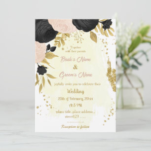 black & pink flowers gold wedding invitation
