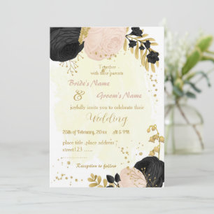 black & pink flowers gold wedding invitation