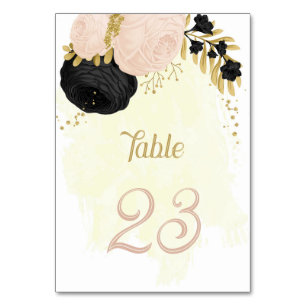 black & pink flowers gold wedding table number