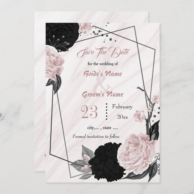 black pink flowers grey leaves botanical geometric save the date (Front/Back)