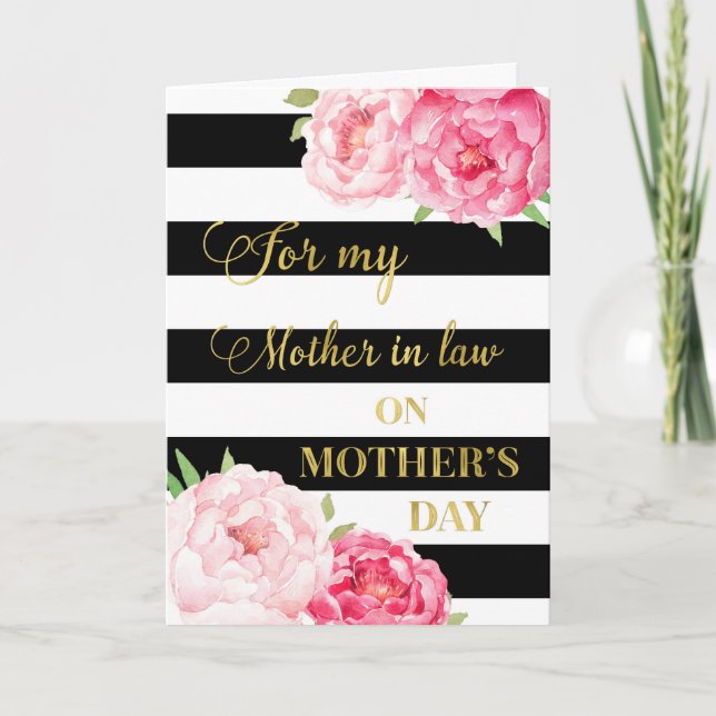 Black Pink Flowers Mother's Day Mother in Law Card (Front)