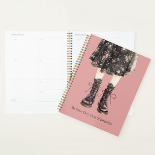 Black Pink Flowers Skirt Boots Planner