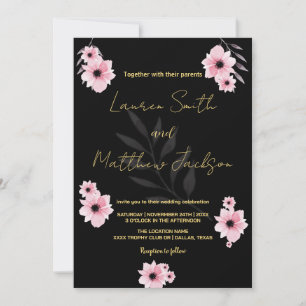 Black Pink Flowers Wedding Invitations