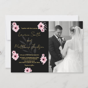Black Pink Flowers Wedding Invitations with photo