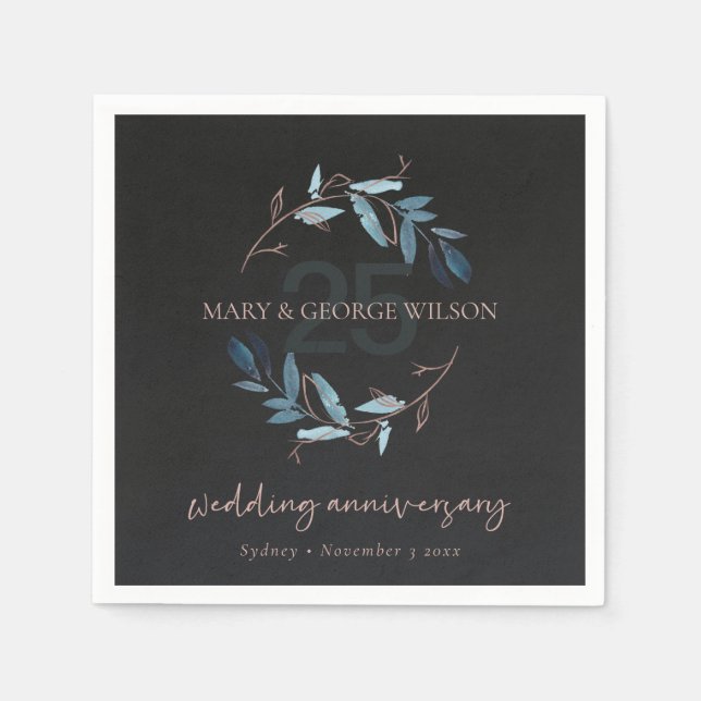BLACK PINK FOLIAGE WREATH ANY YEAR 25 ANNIVERSARY NAPKIN (Front)