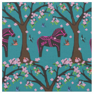 Black/pink Folk Dala horse/Folk birds/flowers 2.7 Fabric