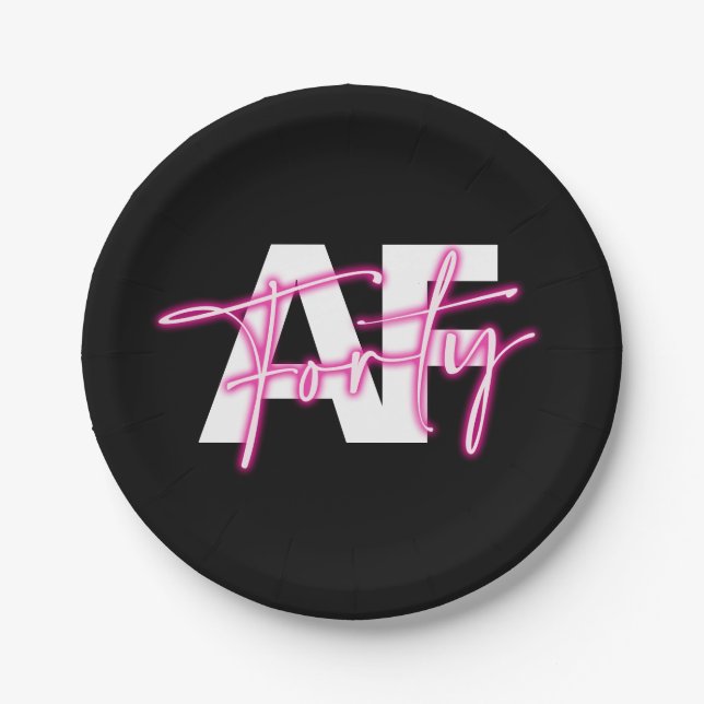 Black Pink Forty AF 40th Birthday Paper Plates (Front)