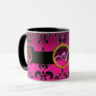 BLACK PINK FUCHSIA DAMASK GEMSTONE MONOGRAM MUG