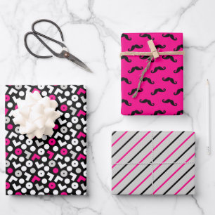 Black Pink Geometry Moustache Stripes Wrapping Paper Sheet