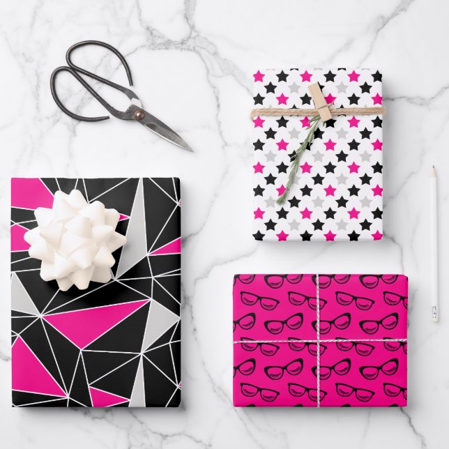 Black Pink Geometry Stars Glasses Wrapping Paper Sheet (Front)