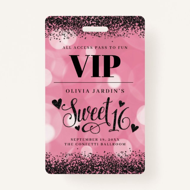Black & Pink Glam Sweet 16 Badge ID Badge (Front)