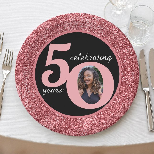Black & Pink Glitter 50 Fifty Years 50th Birthday Paper Plate (Black & Pink Rose Gold Glitter 50 Fifty Years 50th Birthday Paper Plates)