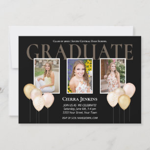 Black Pink Glitter Balloon Photo Graduation Party Invitation