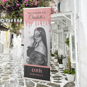 Black Pink Glitter Birthday Party Photo Welcome Retractable Banner