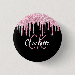 Black pink glitter drips custom monogram name 3 cm round badge