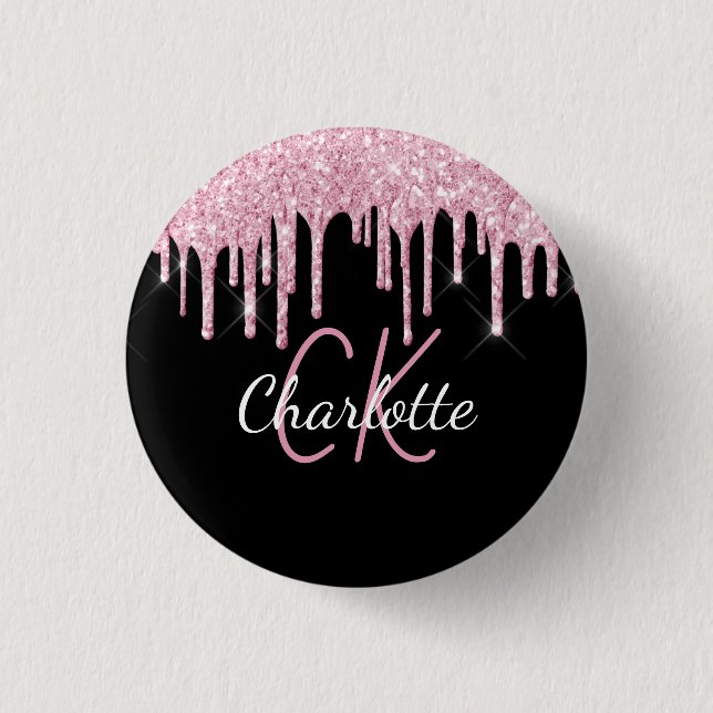 Black pink glitter drips custom monogram name 3 cm round badge (Front)