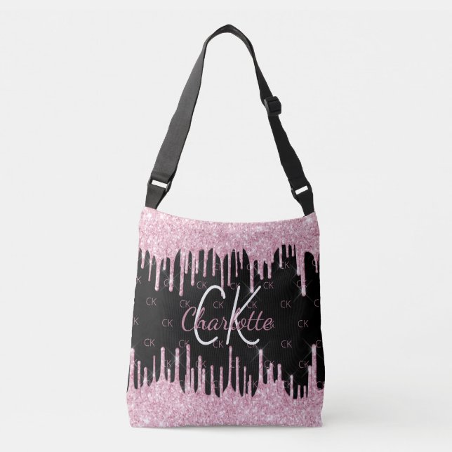 Black pink glitter drips monogram elegant crossbody bag (Front)