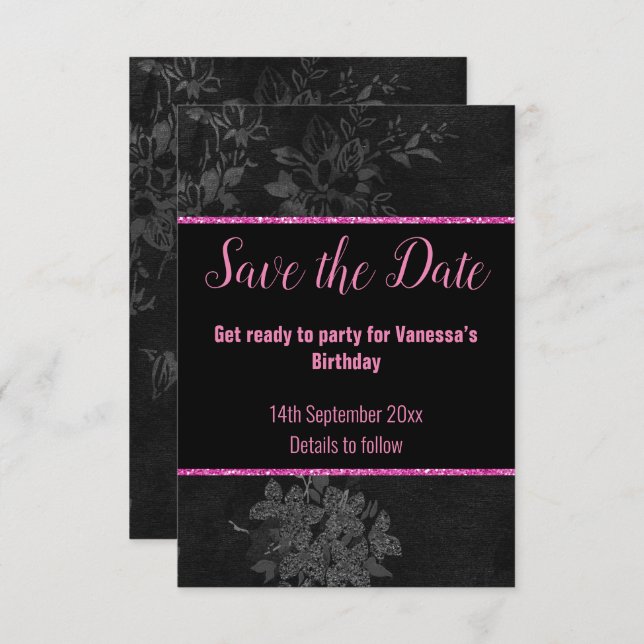 BLACK PINK GLITTER FLORAL SAVE THE DATE  RSVP CARD (Front/Back)