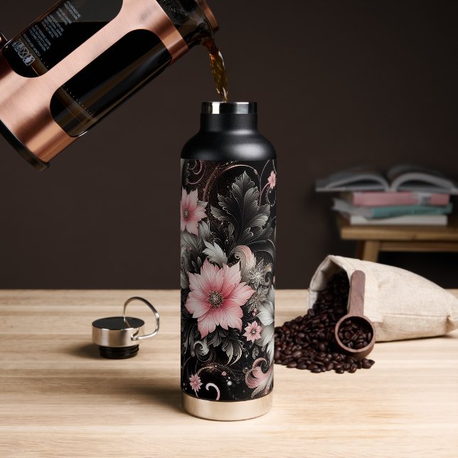 Black & Pink Glitter flowers Water Bottle (Coffee)